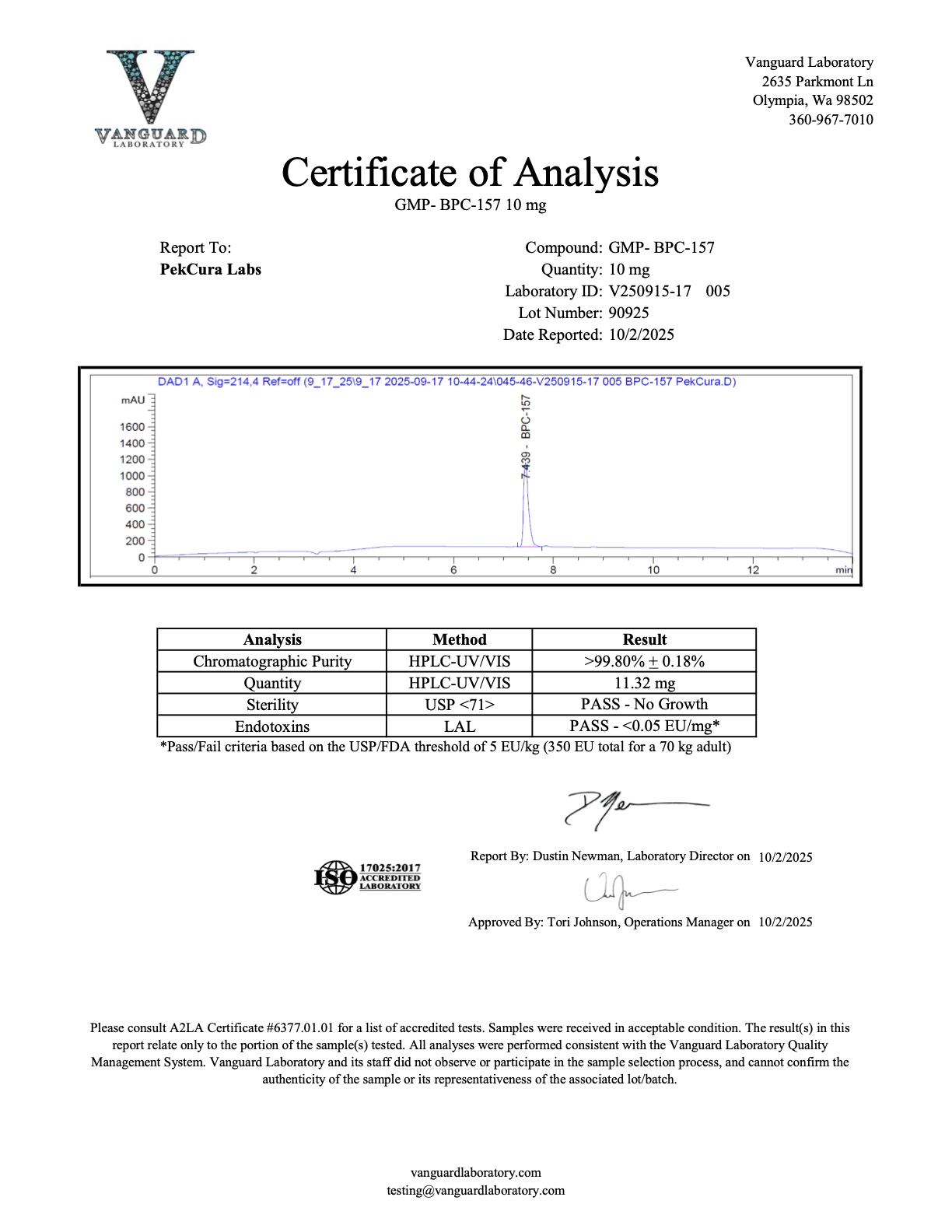 BPC-157<br>11.32mg<br> Batch V250915-17 005<br>10/02/2025