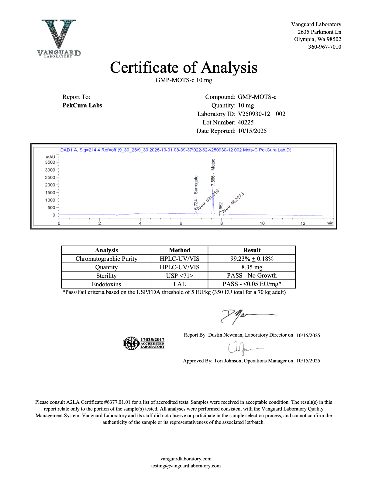 MOTS-c<br>8.35mg<br>Batch V250930-12 002<br>10/15/2025