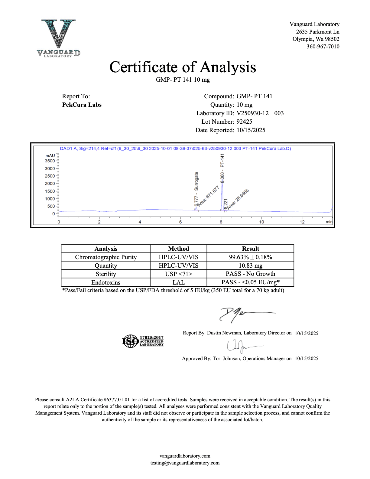 PT141<br>10.83mg<br>Batch V250930-12 003<br>10/15/2025