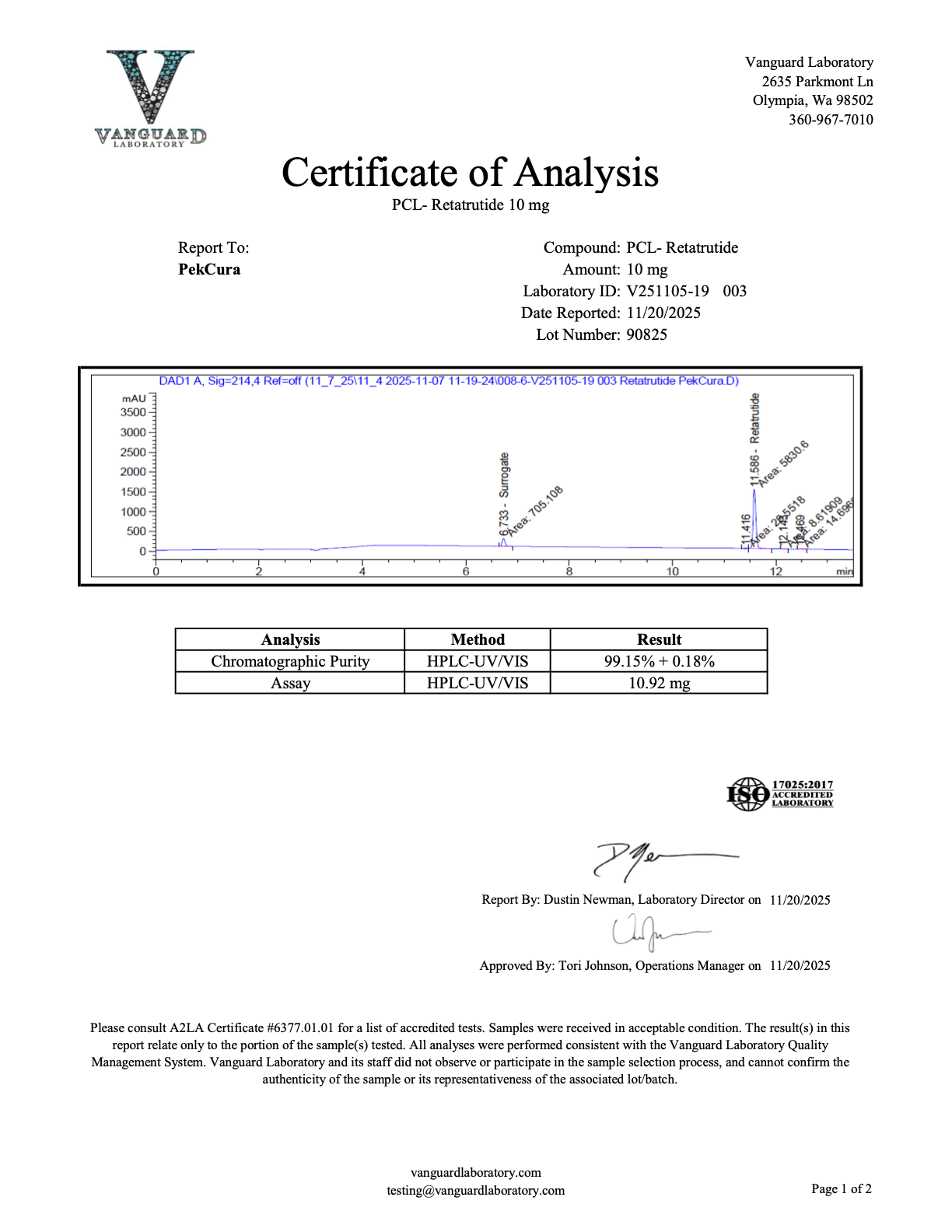 Retatrutide<br>10.92mg<br>Batch V251105-19 003<br>11/20/2025