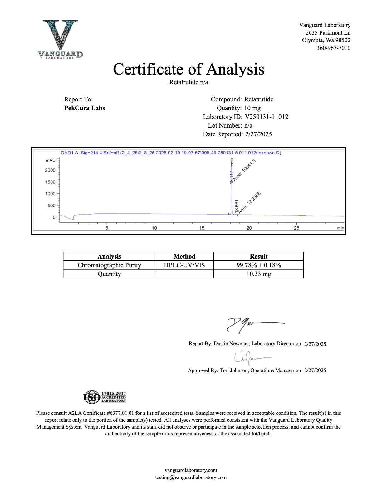 Retatrutide<br>10.33mg<br>Batch V250131-1 012<br>02/27/2025