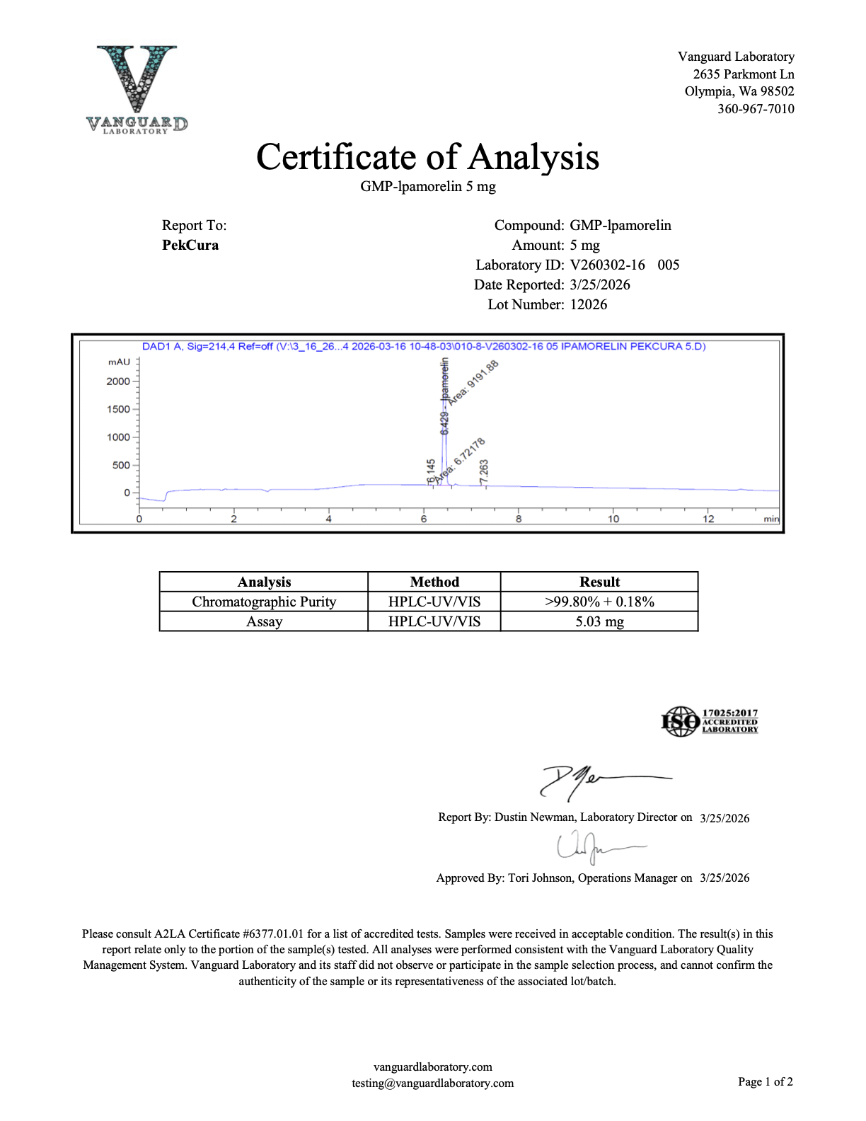 Ipamorelin<br>5mg<br>Laboratory ID V260302-16 005<br>Lot # 12026<br>03/25/2026
