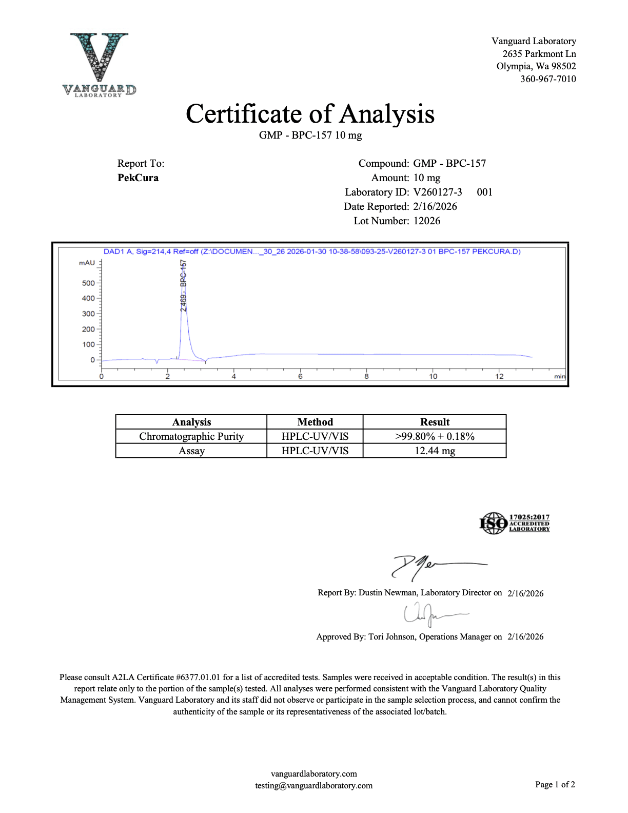 BPC-157<br>12.44mg<br>Batch V260127-3 001<br>02/16/2026
