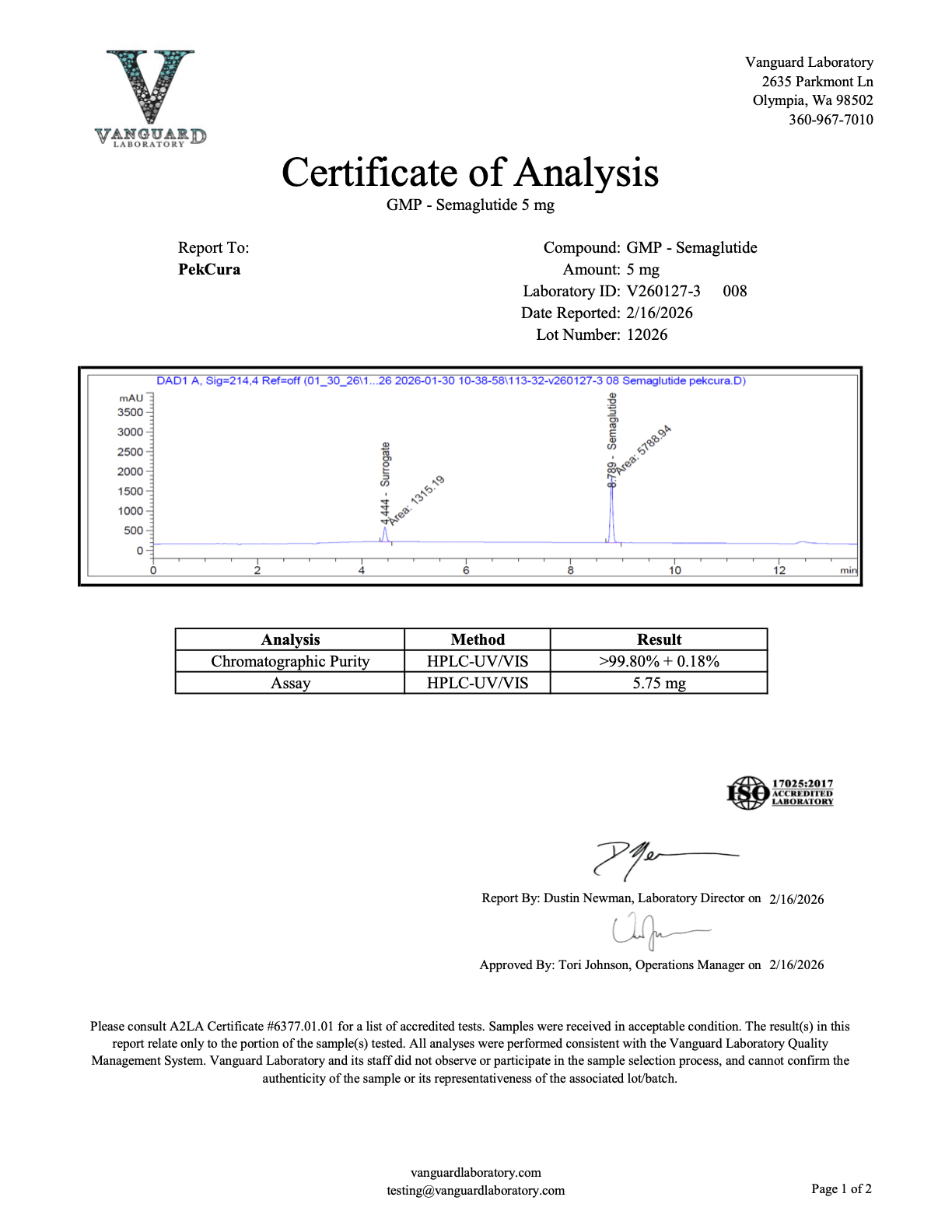 GLP-1-S<br>5.75mg<br>Batch V260127-3 008<br>02/16/2026