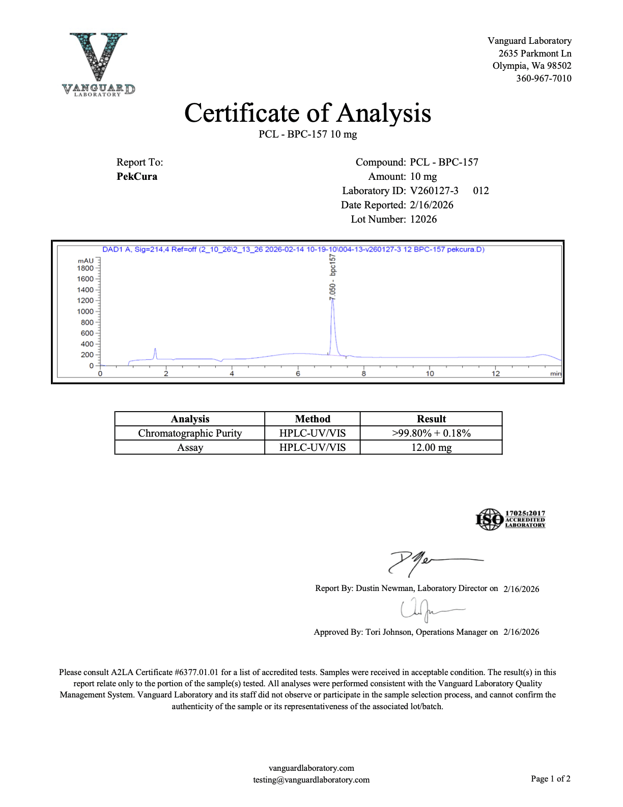 BPC-157<br>12.00mg<br>Batch V260127-3 012<br>02/16/2026