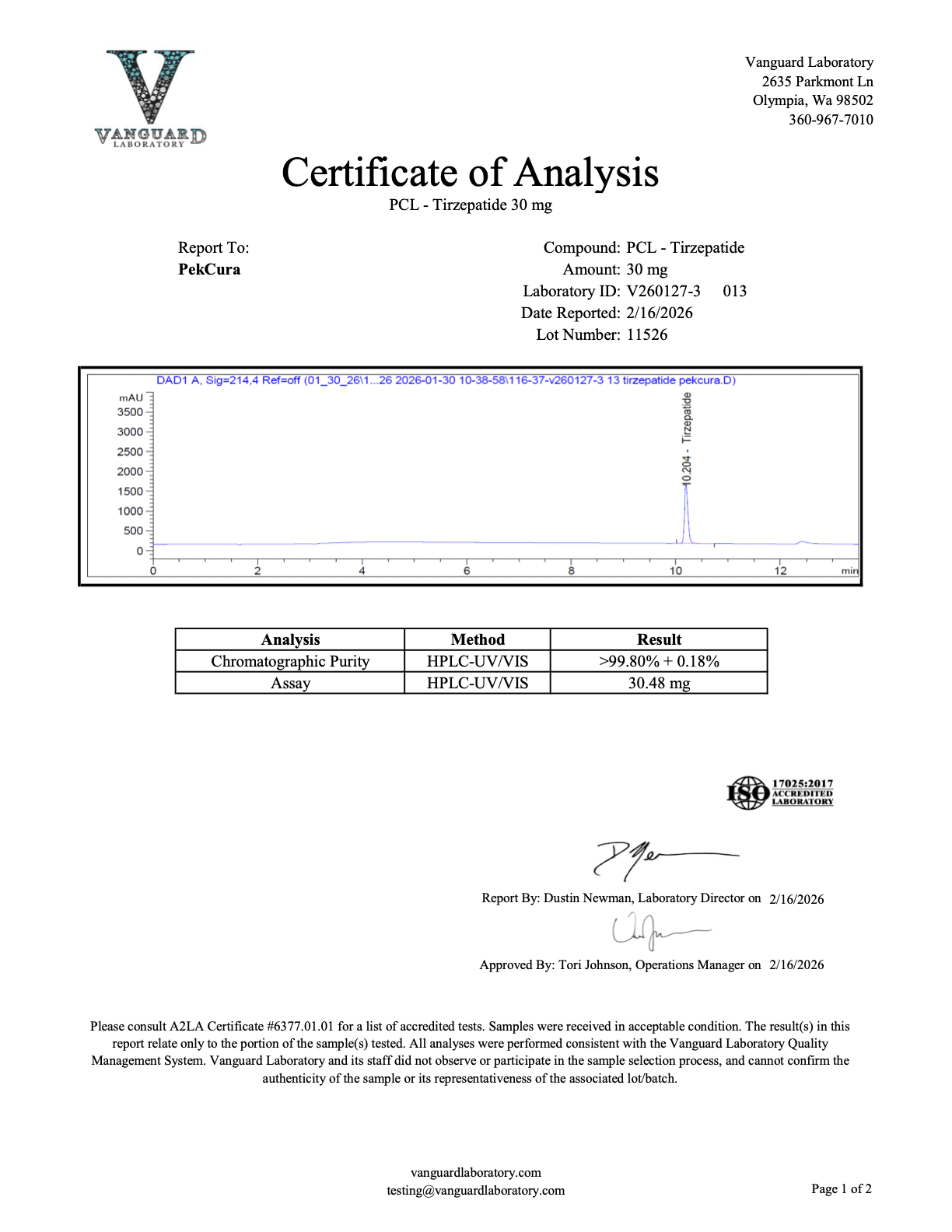 GLP-2-T<br>30.48mg<br>Batch V260127-3 013<br>02/16/2026