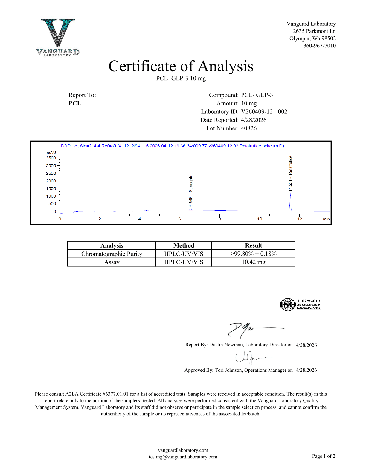 CAS #: 2381089-83-2<br>10.42mg<br>Batch V260409-12 002<br>Lot #40826<br>4/28/2026