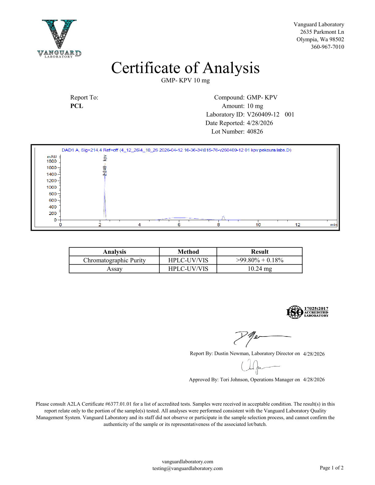 KPV<br>10.24mg<br>Batch V260409-12 001<br>4/28/2026