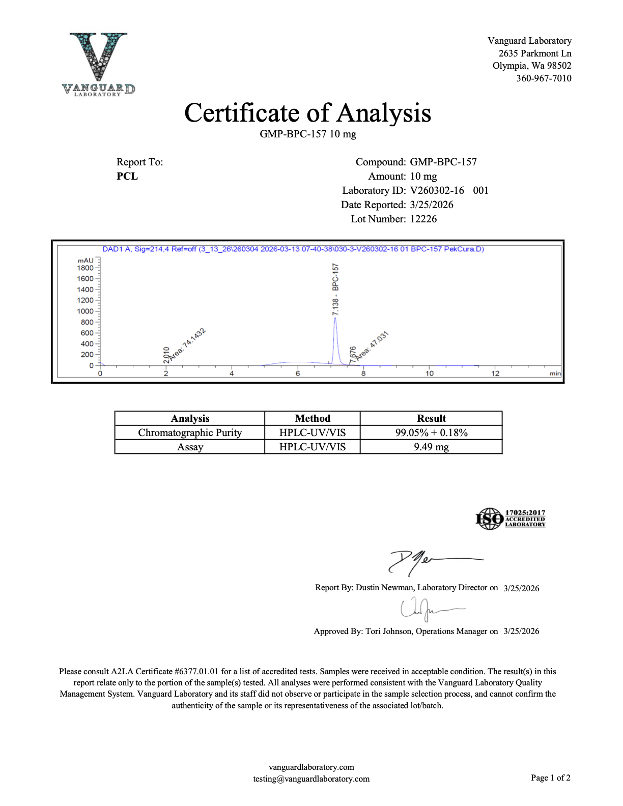 BPC-157<br>9.49mg<br>Batch V260302-16 001<br>03/25/2026