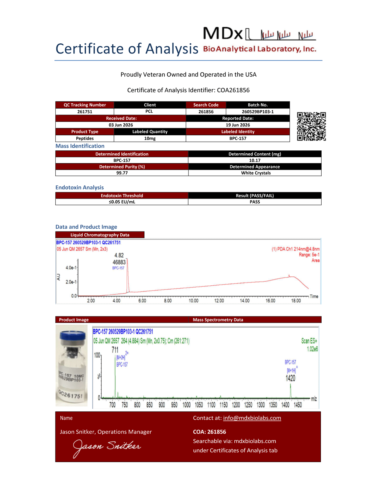BPC-157<br>10.17mg<br>Batch 260529BP103-1<br>06/19/2026