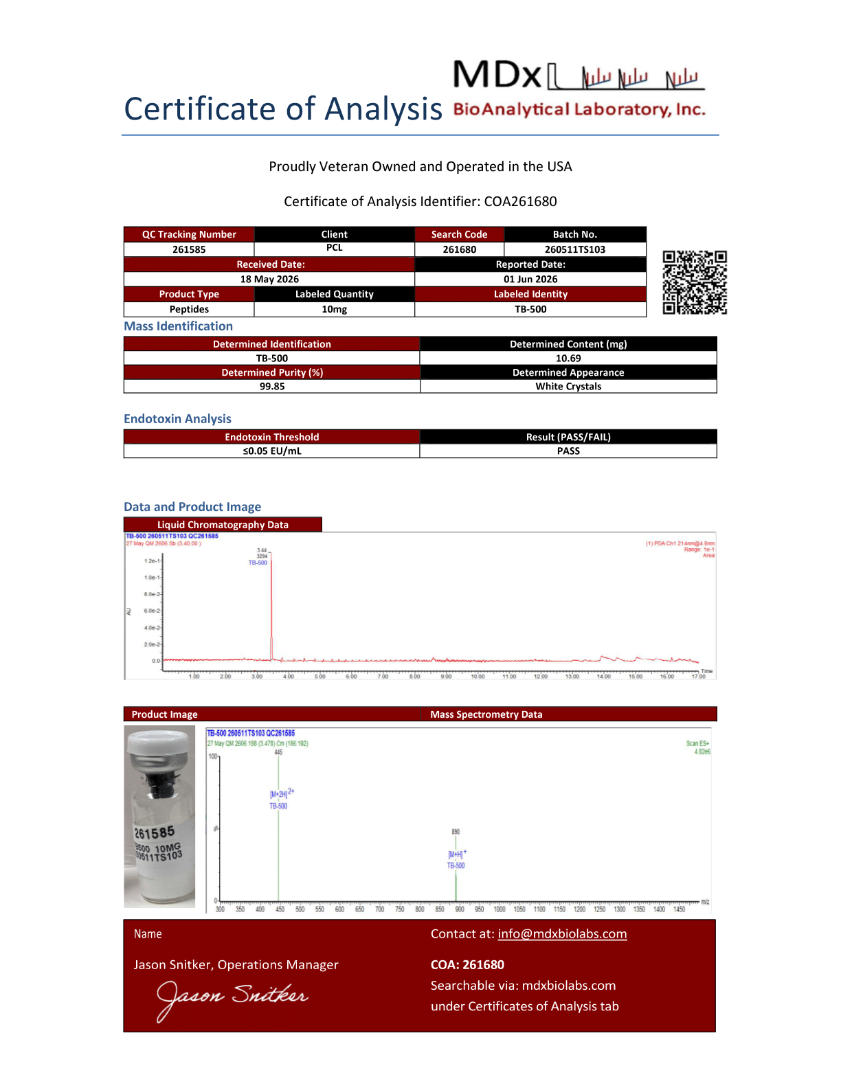 TB-500<br>10.69mg<br>Batch 260511TS103 <br>06/01/2026